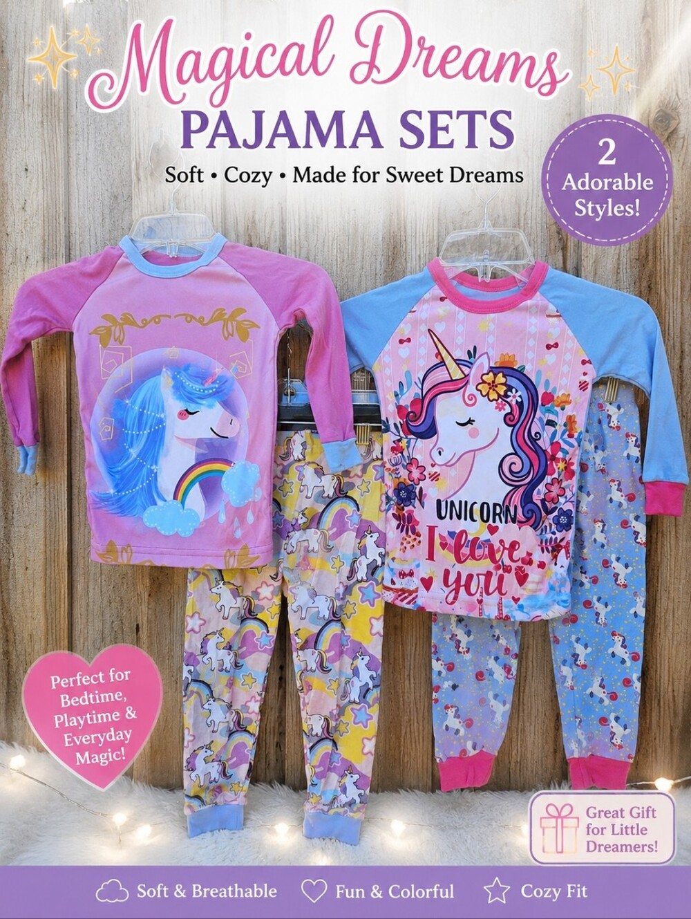 Girls Unicorn Pajama Sets Bundle Pink Blue Rainbow Long Sleeve PJs